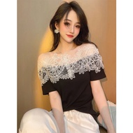 T Shirt for Women Black Lace Off Shoulder Tops Woman Cotton Short Sleeve Japanese Vintage Fashion Korean Popular Clothes Yk2 Emo