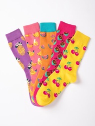 5對女士水果圖案中筒襪(菠蘿、香蕉、檸檬、西瓜、櫻桃),還有大碼男女款趣味水果襪子