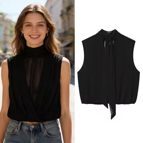 Women's Top 2026 New Spring Summer Fashion Black Sleeveless Pleated Top for Women Casaul Chic Women 