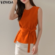 เสื้อใส่ในที่ทำงานของผู้หญิง VONDA OL เสื้อแขนลุกปักลูกไม้สีล้วนสำหรับสุภาพสตรี (ลำลองเกาหลี)