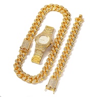 3Pcs Necklace+Watch+Bracelet Hip Hop Miami Cuban Chain Gold Color Iced Out Paved Rhinestones CZ Blin