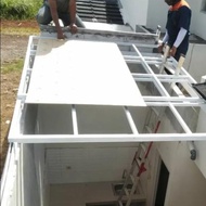 kanopi geser kaca, besi holo,  solarflat,  kanopi sliding tempered glass,  manual / remote otomatis