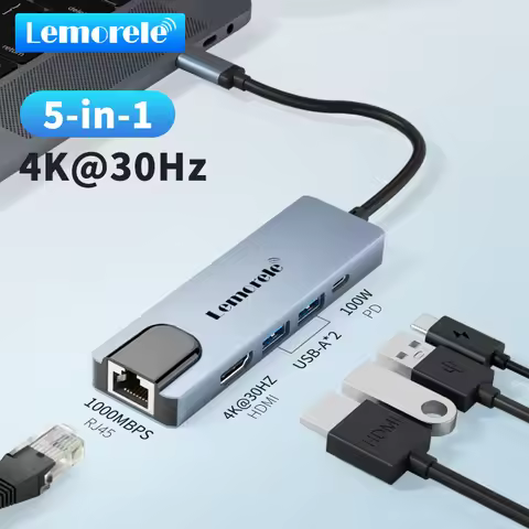 Lemorele TC15 5in1 USB Type c Hub HDMI RJ45 Lan Adapter USB c Hub HDMI PD 100w TF/SD Card Slot Multi