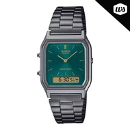 [Watchspree] Casio Analog-Digital Vintage Style Square Dial Dual Time Grey Ion Plated S.Steel Band W