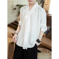 Chinese White Three-Quarter Sleeve Shirt Men's Summer Zen Tea Clothing Taoist Robe Jacket Diagonal E