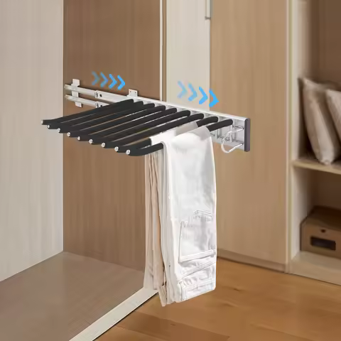 Pull Out Trousers Rack 9 Rods Retractable Wardrobe Pants Organizer Left/Right Wall Mount Space-Savin