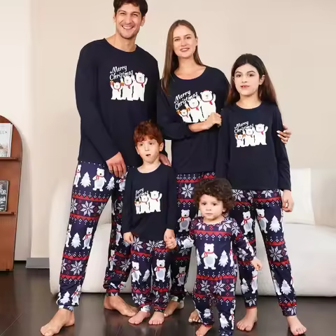 Merry Christmas Family Pajamas Set Cartoon Bear Print Mom Daughter Dad Son Baby Matching Clothes Loo