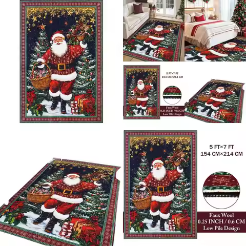 5x7 Christmas Rug with Santa Claus and Tree, Washable Non-Slip Soft Carpet for Living Room, Bedroom,