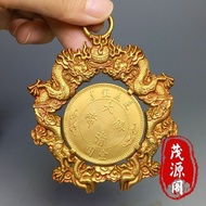 Antique Copper Gilt Double Dragon Playing Beads Silver Dollar Pendant Folk Collection Antique Copper