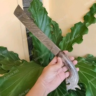 Golok Damaskus Balikmipih Pamor Full Tanduk Bule, Ukir Naga
