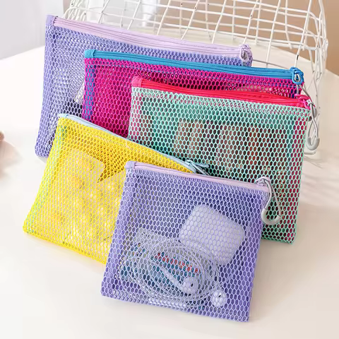 Double Zipper Mesh Storage Bag Ultra Light Wear-proof Visible Colored Double Layered Makeup Pouch Du