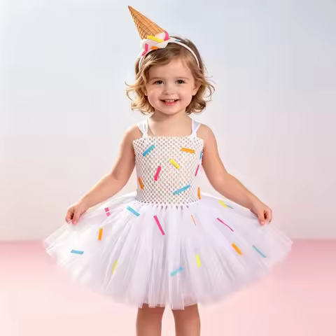 New Arrival Kids Ice Cream Cone Fluffy Dress, Little Girls Mesh Puffy Dress with Headband, Sweet Pri
