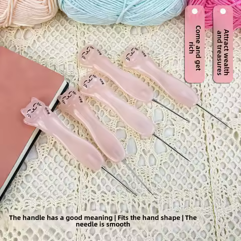 Jinlan Crochet Resin Pink Lucky Cat with Fine Throwing Needle DIY Tool Stainless Steel Hook 0.4 0.5