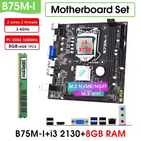 Mini itx B75 LGA 1155 Motherboard Set kit With Core i3 2130 CPU And 1 x 8GB DDR3 1600MHZ Desktop Mem
