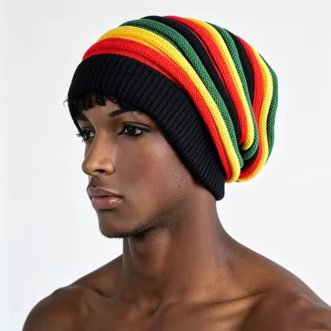 Men Women Rasta Jamaica Knit Beanie Cap Red Yellow Green Black Striped Slouchy Oversized Hip Hop Kni