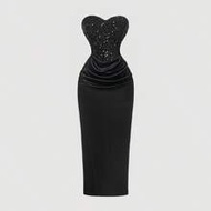 Teen Girls' Elegant & Glamorous Long Black Spaghetti Strap Party Dress Sequin Bustier Girl Teen Eleg