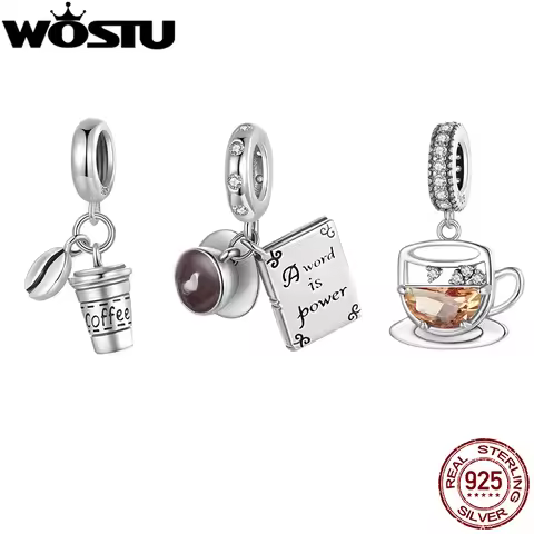 WOSTU 925 Sterling Silver Coffer Cup & Book & Charm Pendant coffee bean Bead Fit DIY Bracelet Neckla