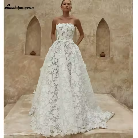 Lakshmigown Ivory Boho 3D Flowers Lace Illusion A-Line Wedding Dresses Detachable Sleeve Country Bri