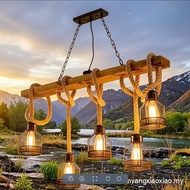 Loft Pendant Lamp Dining Room Restaurant Cafe Living Room Hemp Rope Wood Ceiling Chandelier Lighting
