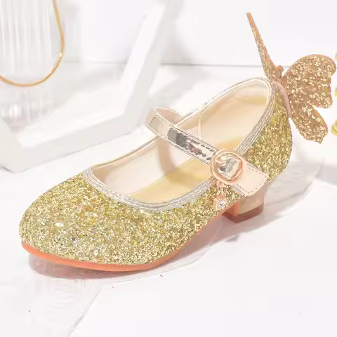 Belle Princess Dress Shoes for Girls Golden Heeled Sandals for Girls Kids Gold Ceremony Girl Shoe fo
