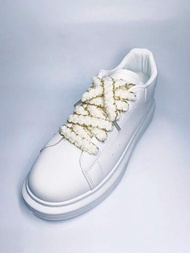 時尚金頂鞋帶女式白色運動鞋和帆布平底鞋專用
