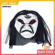 SF_ Halloween Scary Zombie with Black Hair Ghost Mask Breathable Haunted House Prop