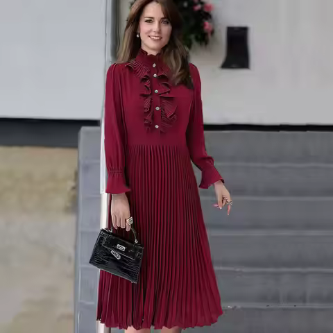 Kate Princess Women Solid Dress Fashion Pleated Flare Sleeve Dresses