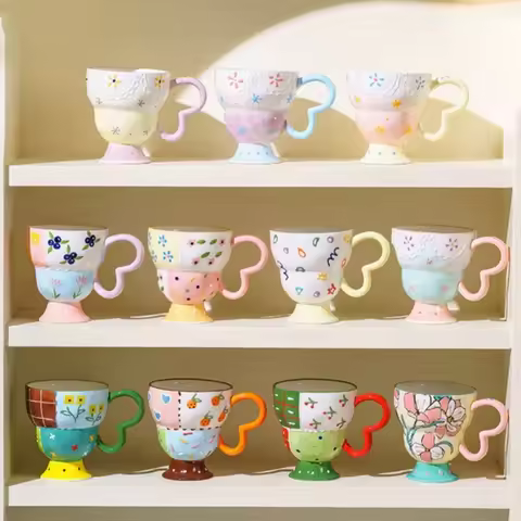 Cute Ceramic Mug Hand Painted Relief Coffee Cup Elegant Chic Mug Milk Oatmeal Matcha Water Cup Kitch