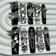 Extra Long Tube Square Y2K Black White Stripes Press On Nails Handmade Gyaru Stars Cross Fake Nails 