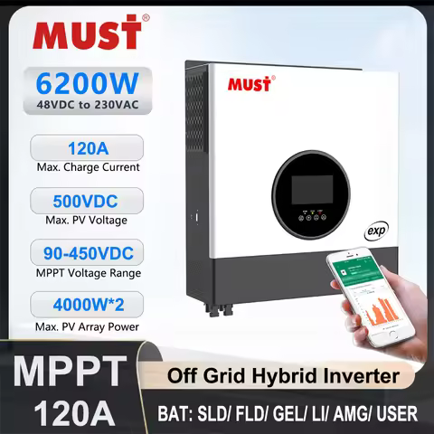 MUST PH1900 EXP 6.2KW 48V To 230V 120A 500V MPPT Parallel Off Grid Hybrid Solar Inverter WiFi Dual A