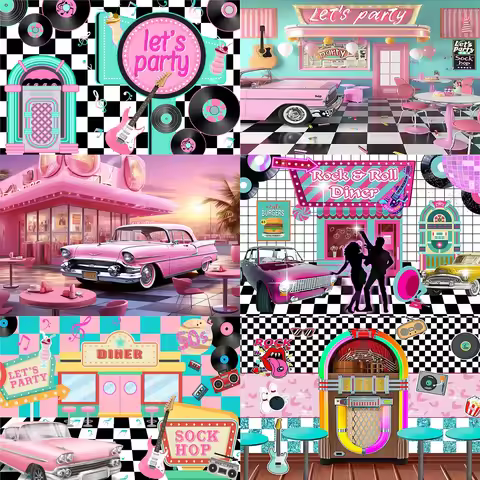 Back to 50s Theme Background Vintage Birthday Rock Roll Party Pink Car Guitar Decorations Retro Dine