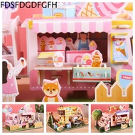 FDSFD กระดาษแข็งบอร์ดบอร์ด ห้องปริศนาบ้านตุ๊กตาแบบทำมือ ร้านขายไอศกรีม การ์ตูนลายการ์ตูน ห้องปริศนาส