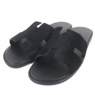 全新愛馬仕 (HERMES) 2025 春夏系列 Izmir Harako 皮革 Veau Moire 波紋拖鞋，黑色，41 碼，附防塵袋，義大利製