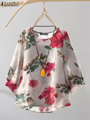 2024 Autumn 3/4 Puff Sleeve Tees ZANZEA Women Round Neck Tops Vintage Ethnic Style T Shirt Holiday F