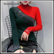 [FF] T-Shirt Chic Sexy Contrast Color Shiny Diamonds Women Tops Long Sleeve Tees [TH]