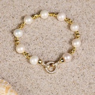 天然白色愛迪生淡水珍珠手鍊 10–12mm 金色鑲鋯圓形扣