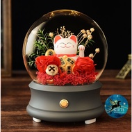 [Local Stock] Eternal Rose Preserved Flower Fortune Cat in Glass Dome Light for Christmas Chinese Ne