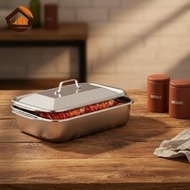 CheeseArrow Stainless Steel Baking Pan Set 16x9 Inch 2 Piece Deep Dish Pan With Lids Perfect For Fis