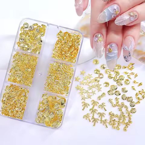 6Grids Ocean Gold Rivet Nail Art Charms 3D Starfish Shell Seahorsea Acrylic Flower Nail Rivet Metall