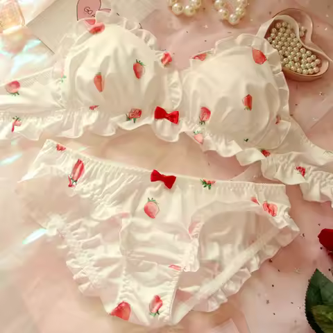 Strawberry Cute Japanese Milk Silk Bra & Panties Set Wirefree Soft Underwear Set Kawaii Lolita Bra a