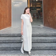 [Free strapless dress] Ribbed striped long dress HE162