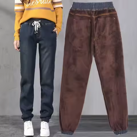 Plus Velvet Thicken Denim Harem Pants Women Autumn Winter Lace Up Warm Jeans Woman Casual Long Boyfr