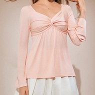 Teen Girls' Light Pink Ribbed Long-Sleeve Blouse - 14Y Youth Size Square Neck Twist-Front Top, Soft 