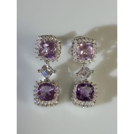 #E679-b 100% Natural Amethyst,  White Topaz Earrings Plated 14K White Gold H24.8mm