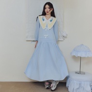 FLAT2112 : LIONA FEEN MAXI DRESS เดรสยาวลายตารางสีฟ้า เดรสคอบัวปักดอก เดรสแขนยาวผู้หญิง เดรสลายตาราง