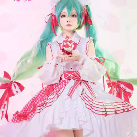Mikuu SNOW Strawberry MIKU Cosplay Costume Wig Anime Women Lovely Lolita Dress Game 15th Anniversary