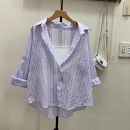 Women's BigSize Loose Form Striped Shirt High Quality Mixed 2-Piece Shirt, Youthful Design, Easy to 