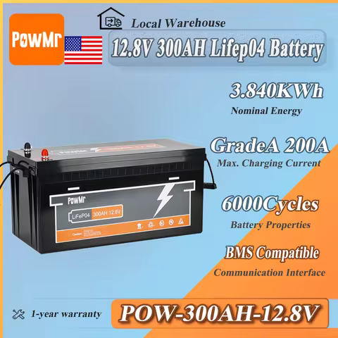 PowMr 12V 300AH Lifepo4 Battery Grade A 6000+ Cycle With 100A BMS Protect Portable Lithium Battery B