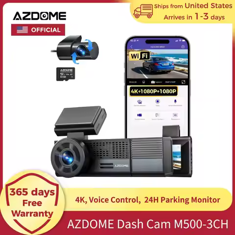 【US Warehouses】AZDOME M500 4K Dash Cam 3-Channel Record WiFi GPS Dash Camera for Cars Voice Control 