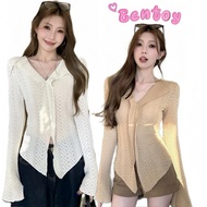 Bentoy Long-Sleeved V-Neck Shirt With Bell Sleeve Details Knitted Silk Fabric Simple And Elegant Sty